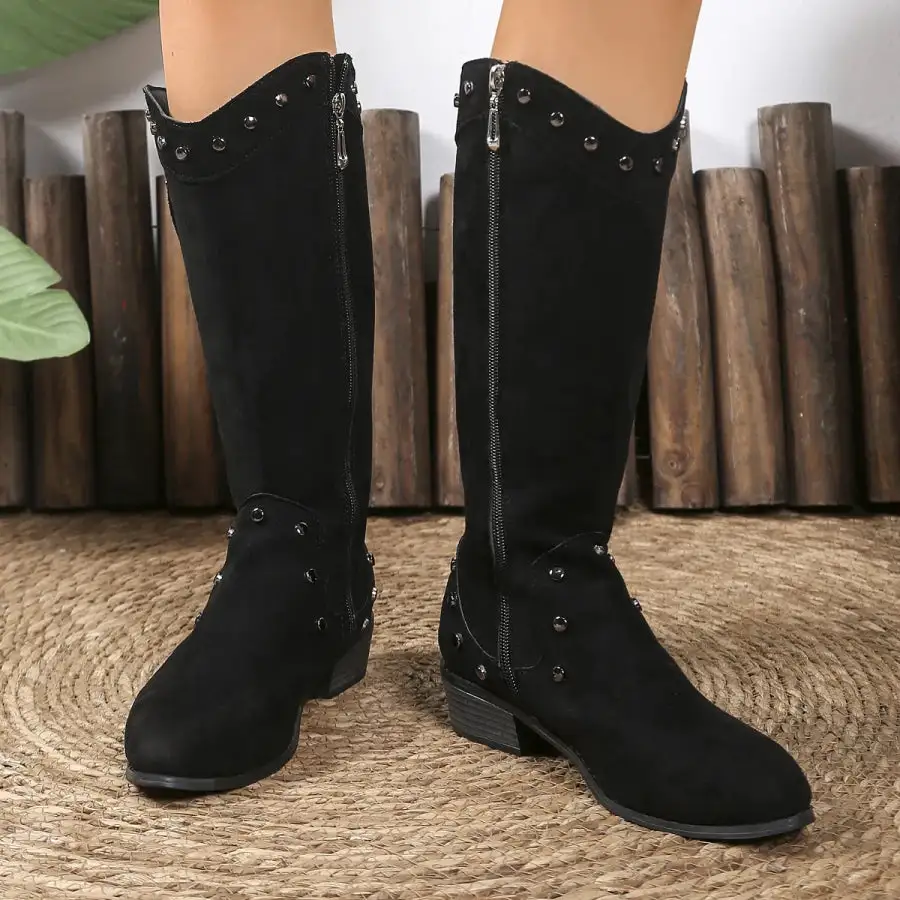 Studded Mid-calf Boots with Side Zipper Closure