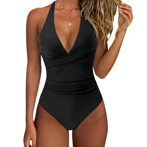  Floral Halter V Neck Ruched Swimsuit Apparel
