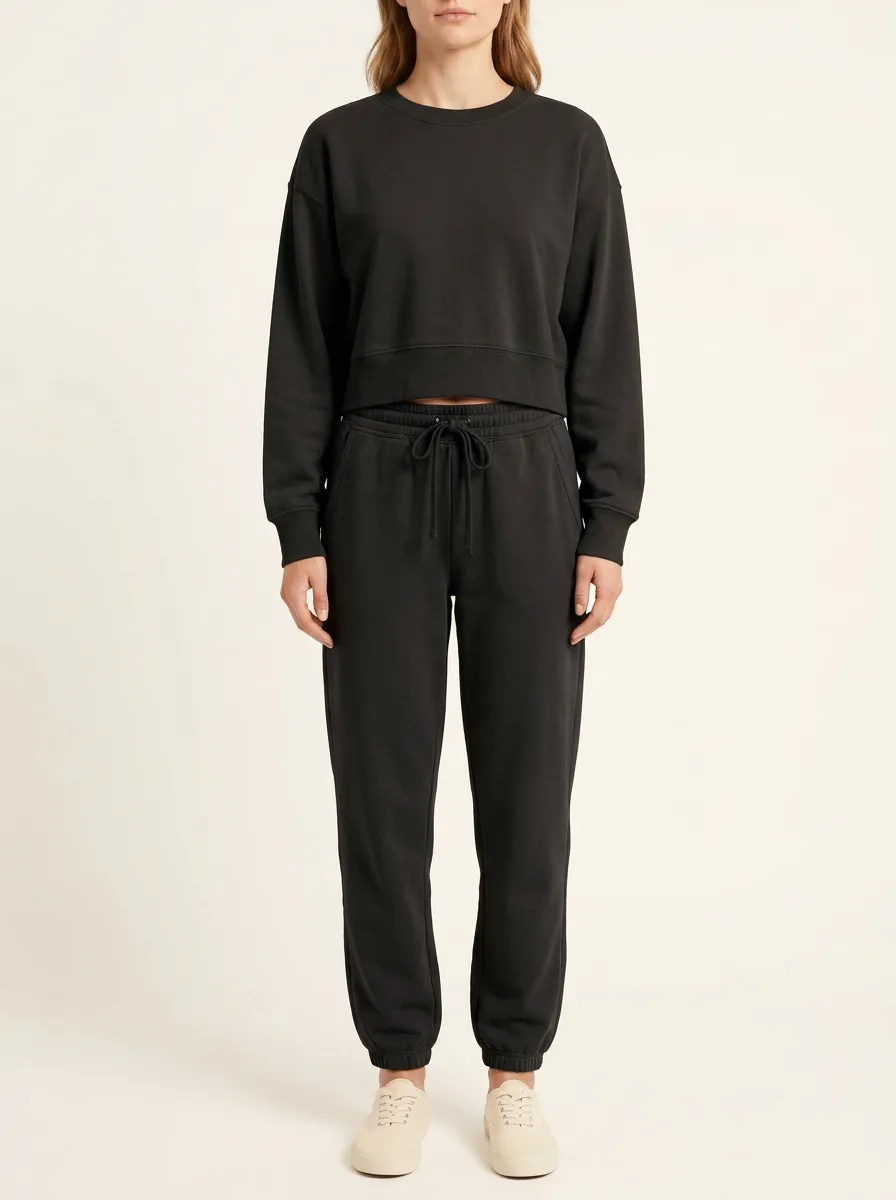 Women's Cropped Crewneck Drawstring Jogger Lounge Set