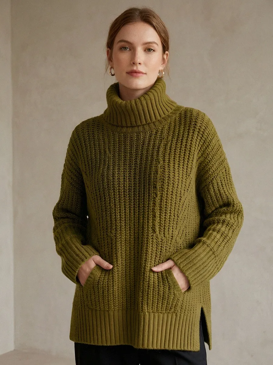 Women's Casual Winter Camel Ribbed Knit Pocket Turtleneck Sweater