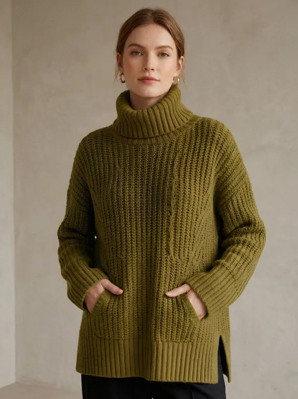 Women's Casual Winter Camel Ribbed Knit Pocket Turtleneck Sweater
