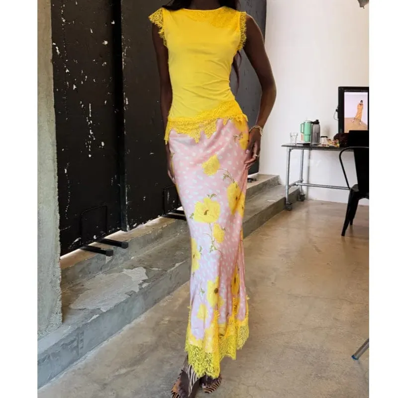 Floral Lace Trim Midi Skirt