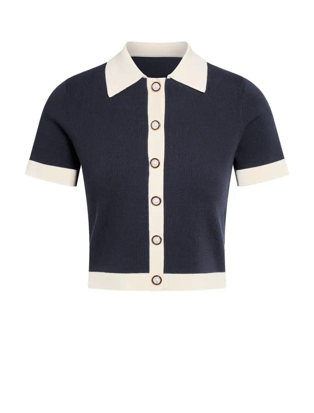 Navy White Trim Knit Button-Through Crop Top