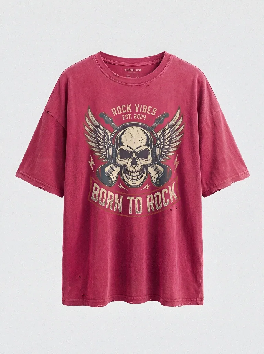 Unisex Rock Music Lover Winged Skull Guitar Printed T-shirt
