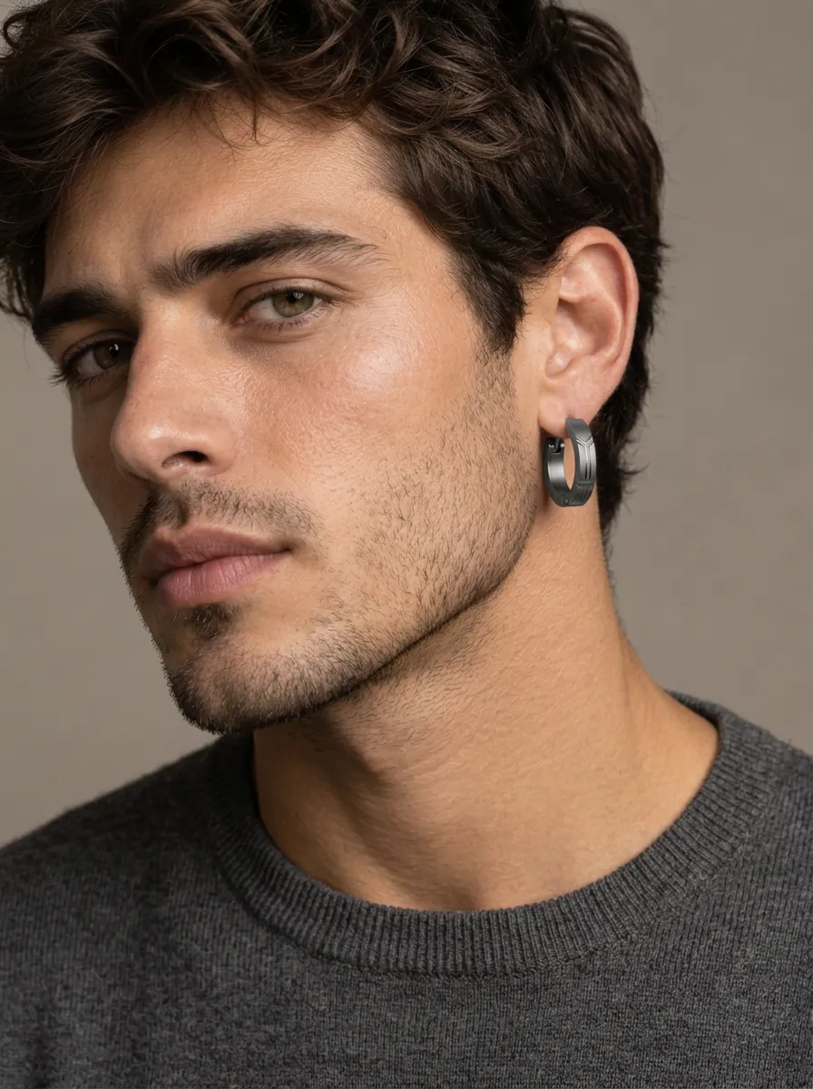 Men's Geometric Matte Finish Stainless Steel Hoop Earrings