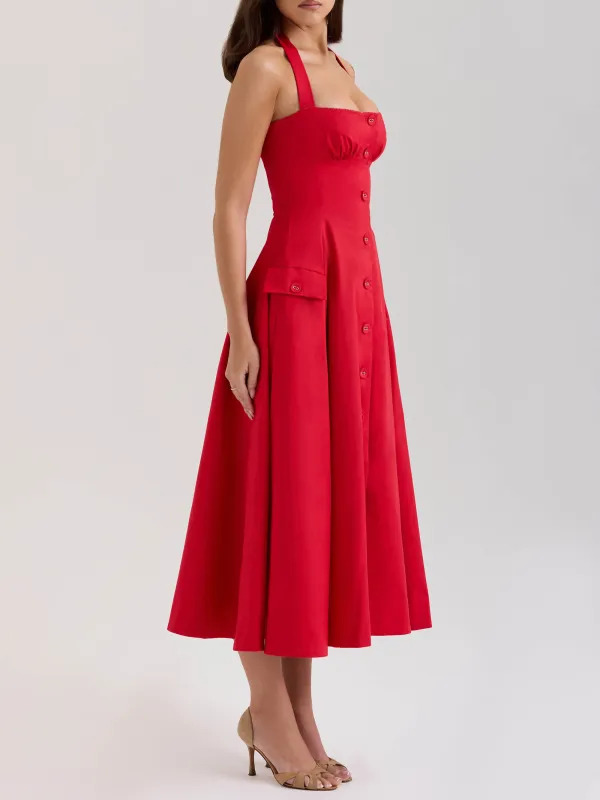 Elegant Square Neck Pleated Button Midi Dress