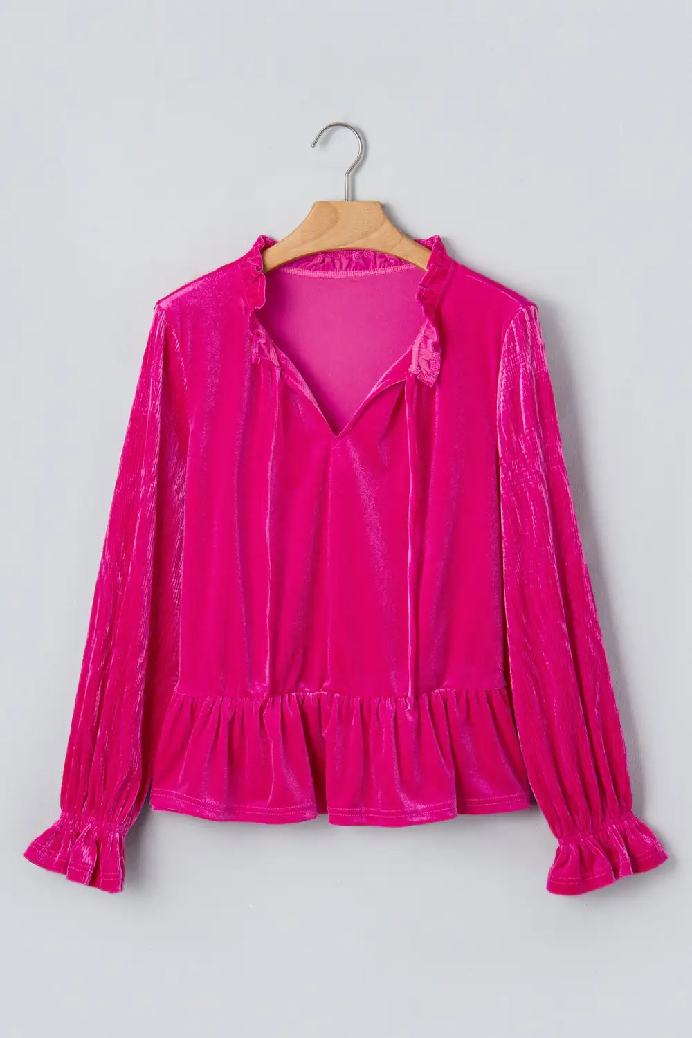 Solid V Neck Velvet Relaxed Stretch Fabric Long Sleeve Top