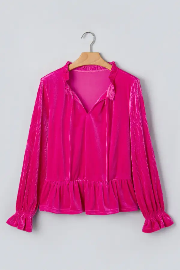 Solid V Neck Velvet Relaxed Stretch Fabric Long Sleeve Top