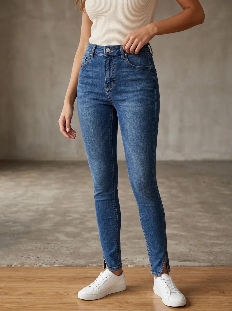 Women's High-Waisted Blue Denim Split Hem Skinny Jeans