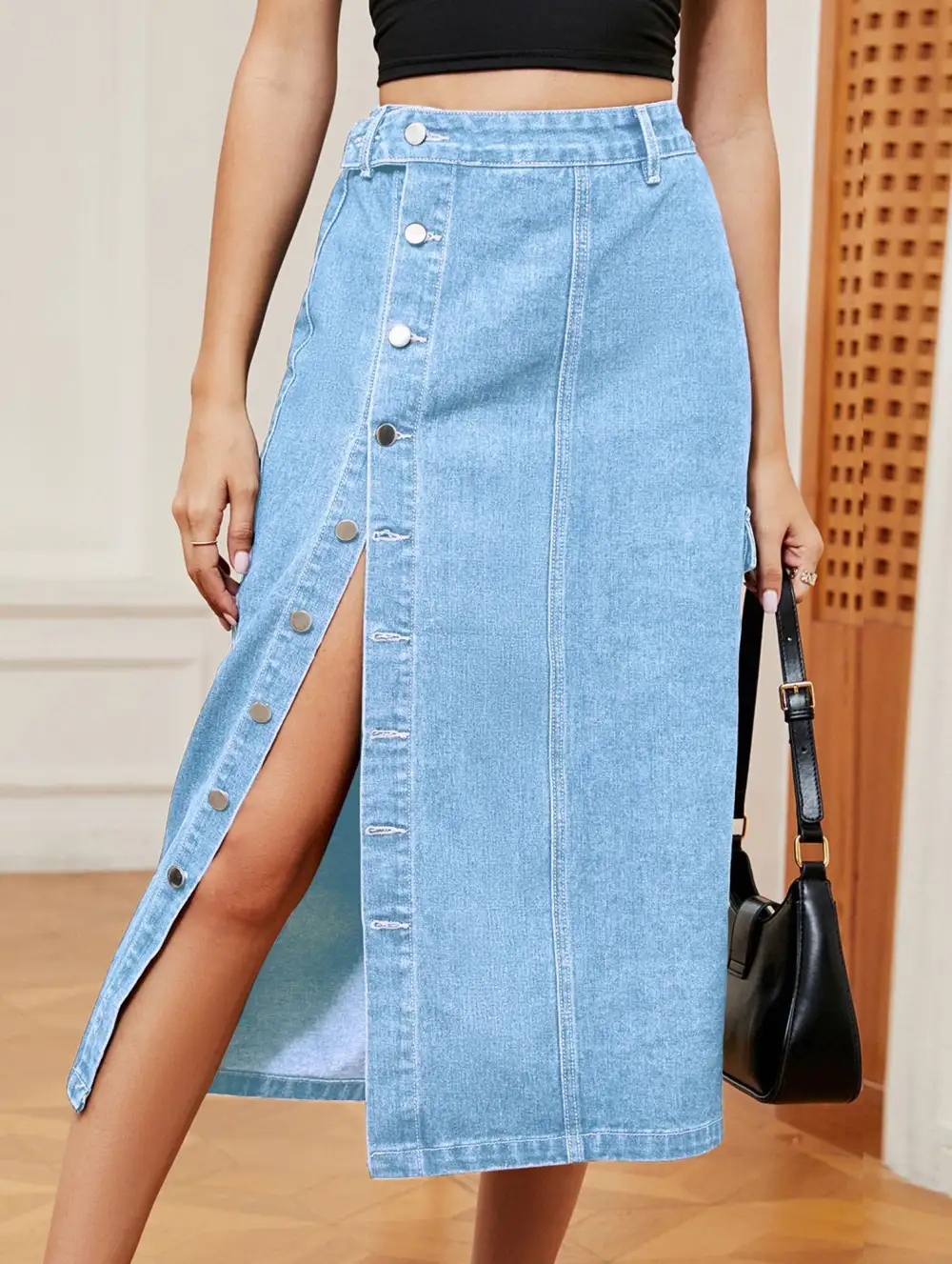 Denim Elastic Waist Midi Skirt
