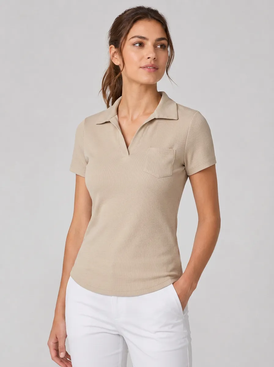 Women's Equestrian Lover Horse Print Ribbed with Chest Pocket Polo Shirt