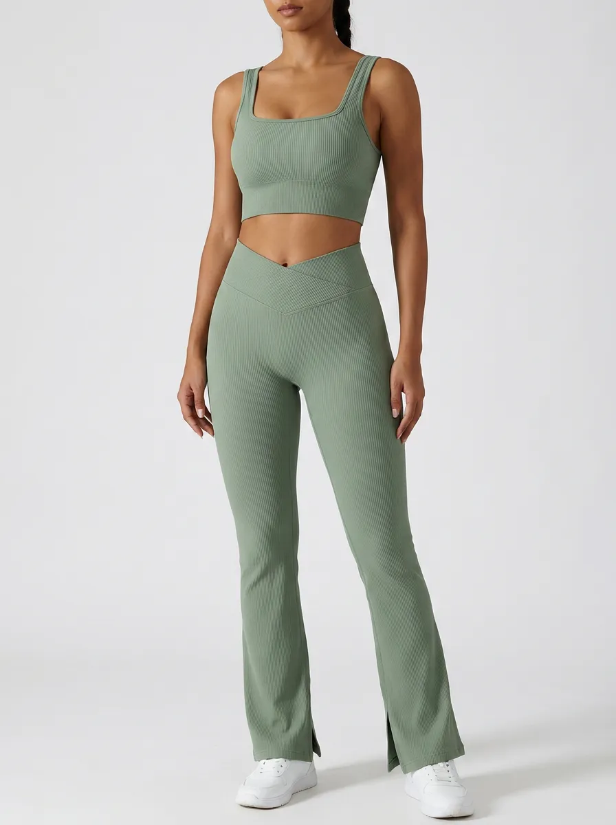Women's Sage Green Ribbed Square Neck Crop Top and Flared Leggings Set - Zip-Up