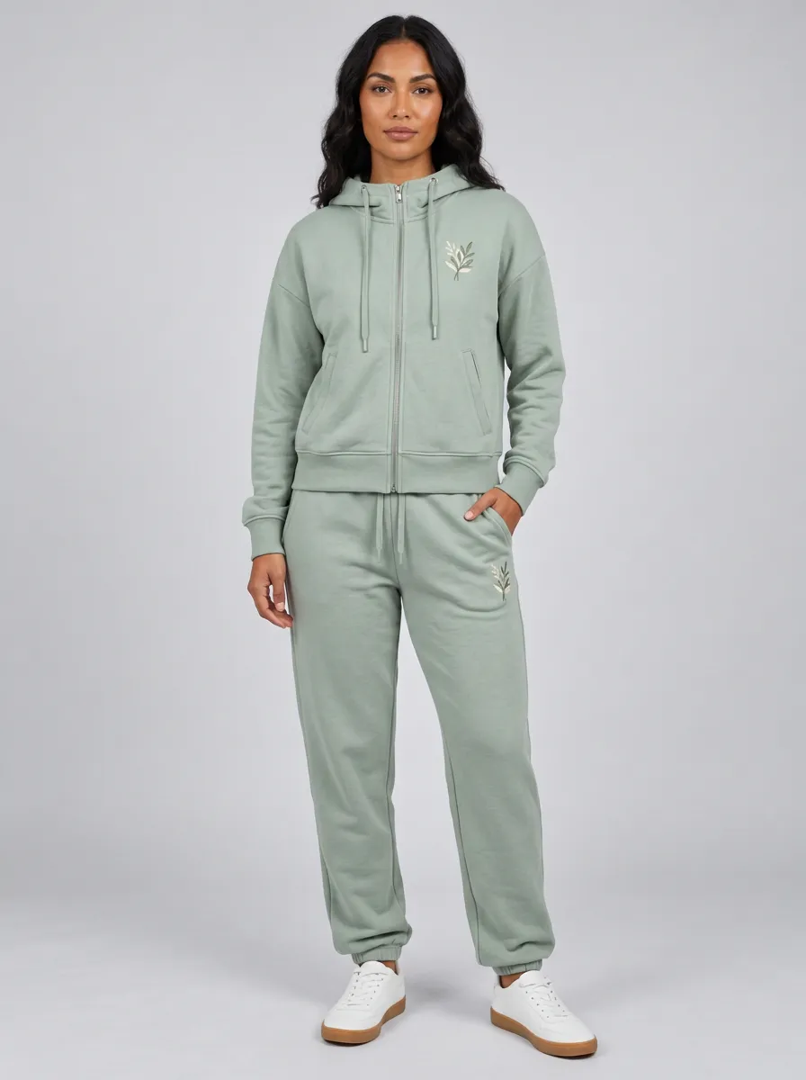 Women's Sage Green Botanical Leaf Embroidered Relaxed Zip-Up Hoodie Jacket & Jogger Set