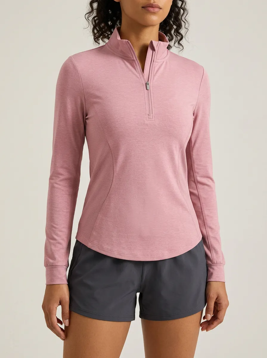 Women's Athletic Pink Solid Color Quarter Zip Pullover Shirt