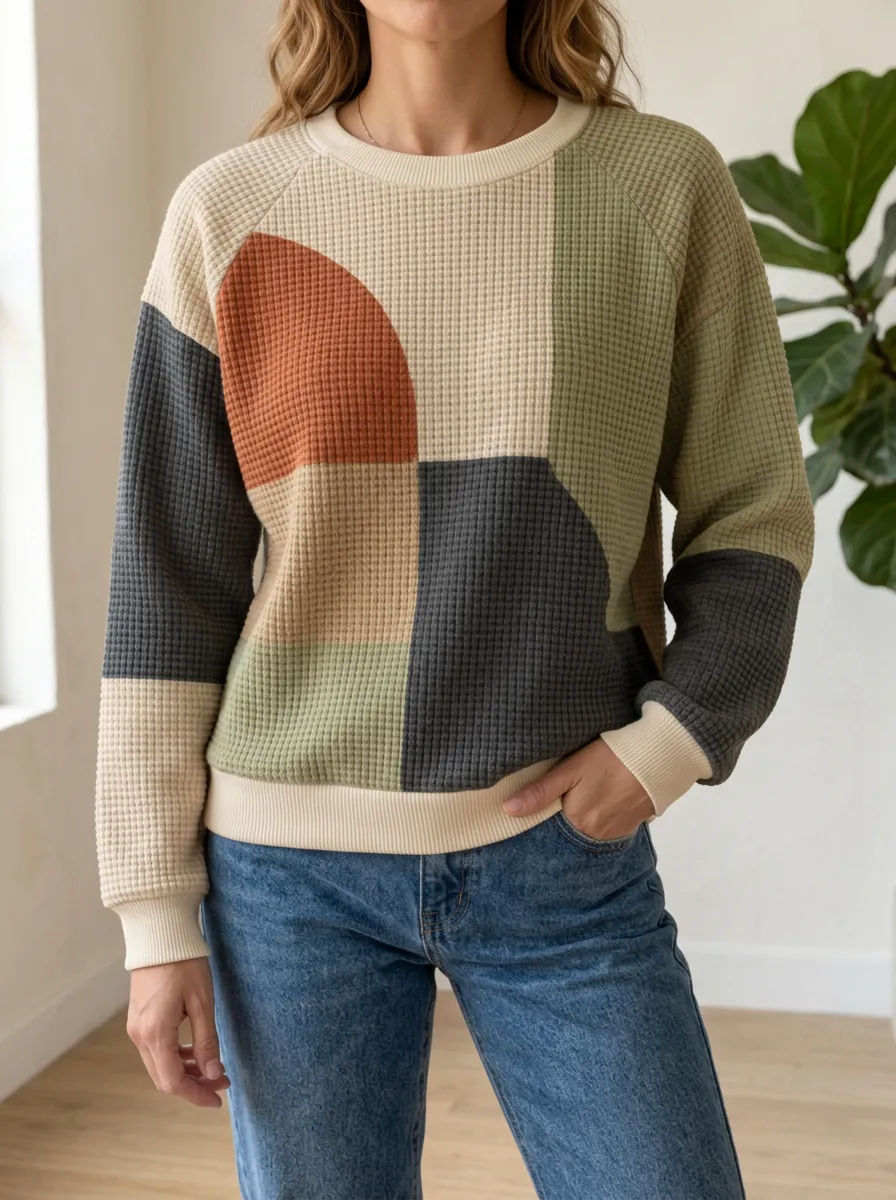 Women's Geometric Colorblock Everyday Waffle Knit Crewneck Sweatshirt