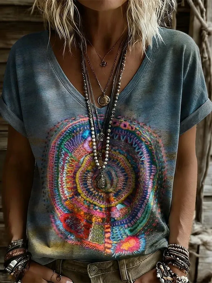 Women's Casual Retro V-Neck T-Shirt
