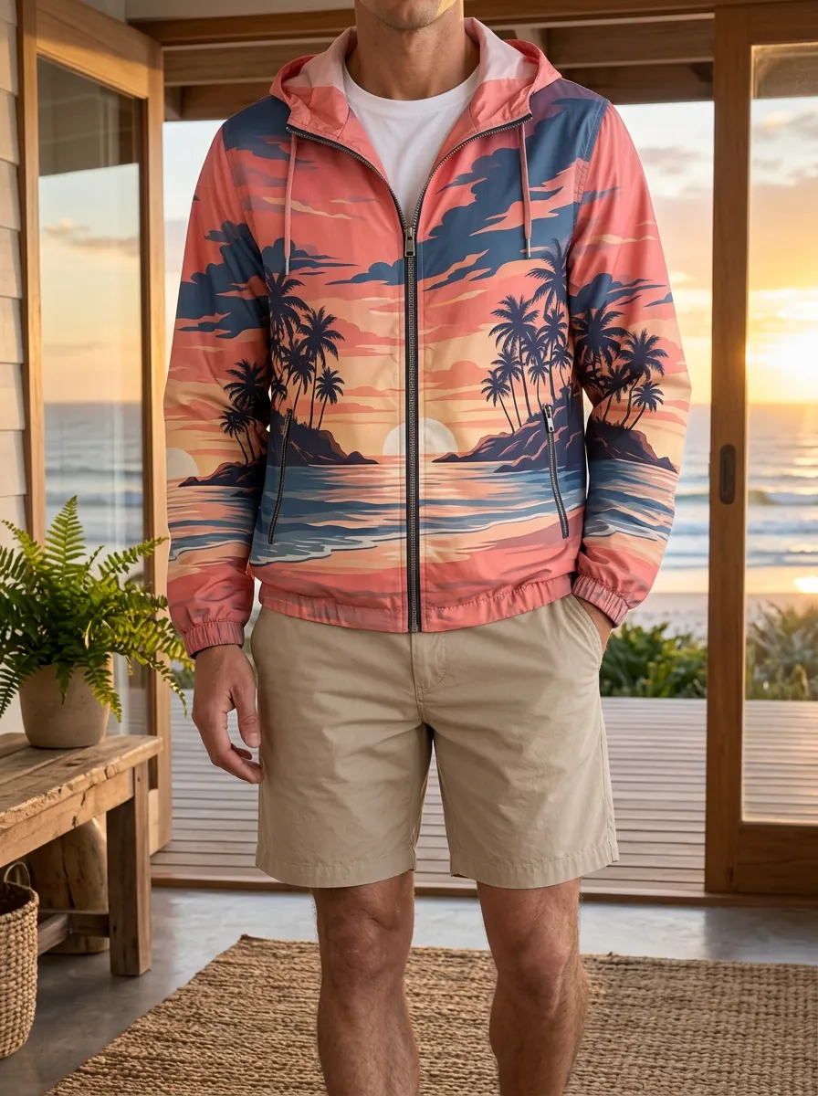 Men's Tropical Beach Sunset Palm Tree Rugged Weekend Hooded Jacket