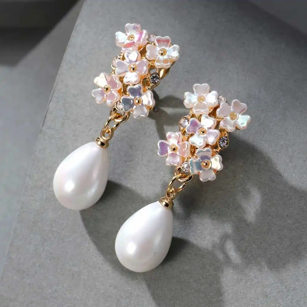 Women's Clip On Earrings Flower Design Faux Pearl Drop