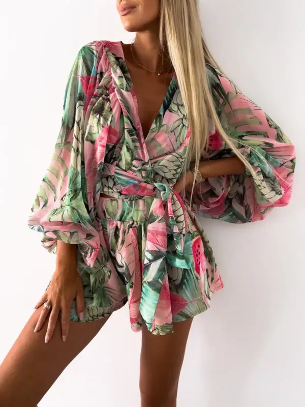 Woven Floral Long Sleeved V Neck Shorts