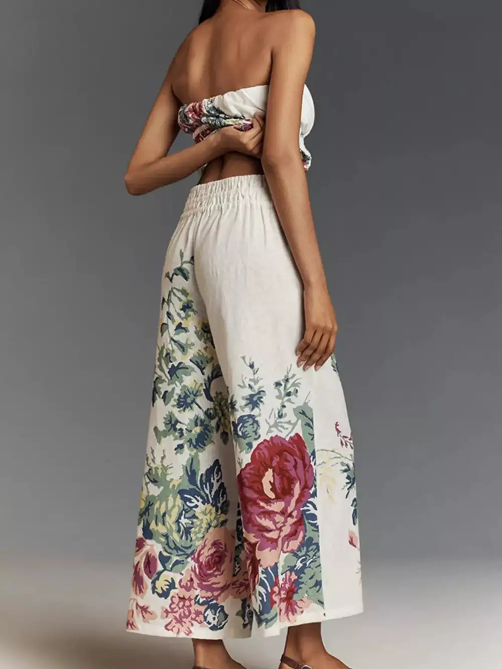 Floral Print Strapless Top and Wide Leg Pants Set