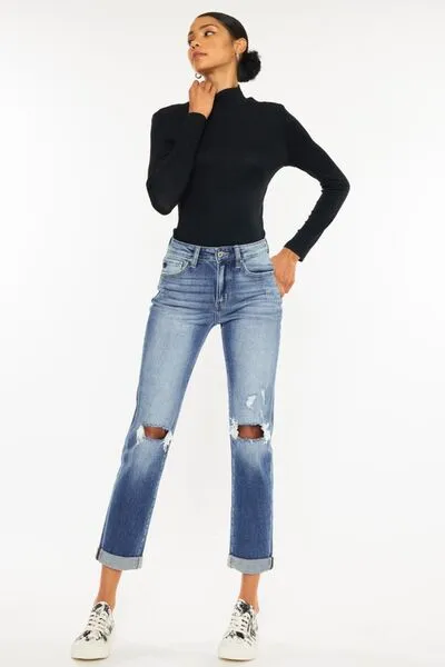 High Waist Distressed Hem Detail Cropped Denim Jeans