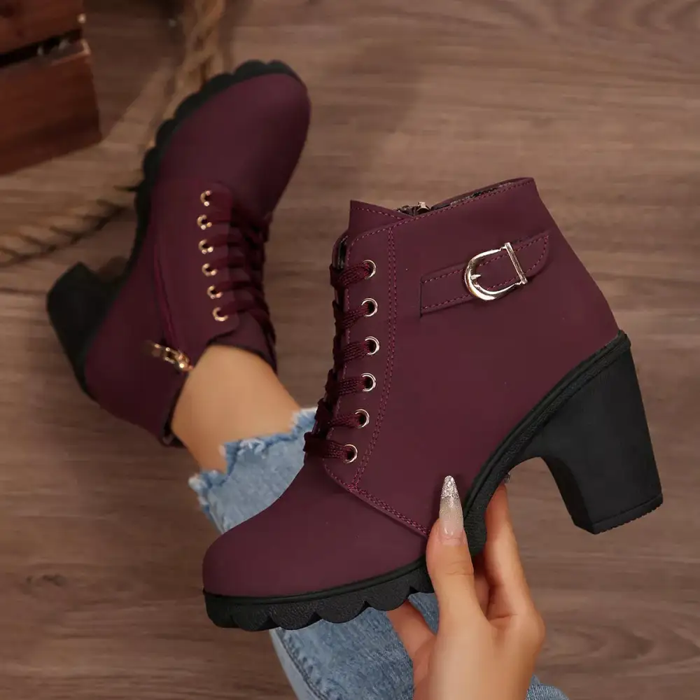 Textured Lace-Up Block Heel Boots