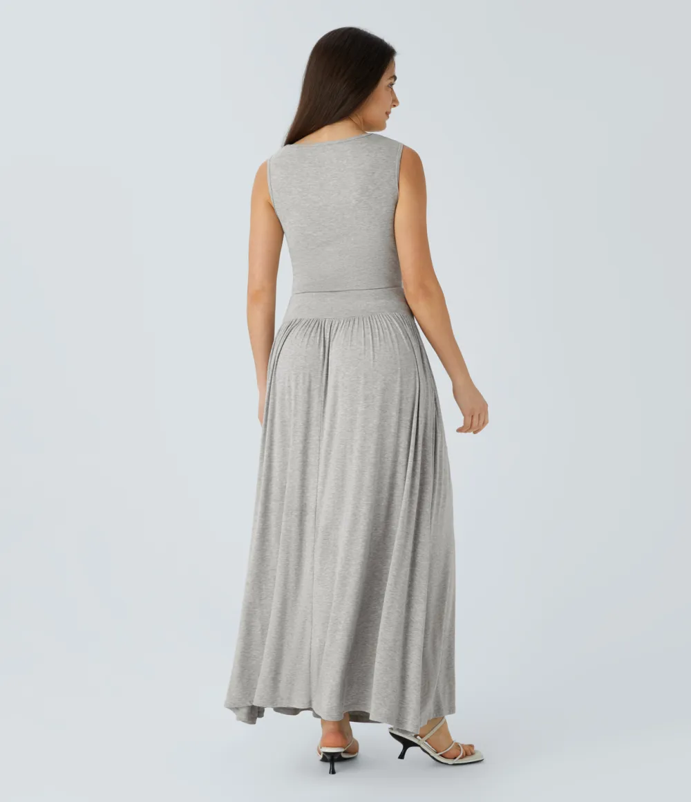 Ribbed Boat Neck Ruched Side Pocket Flowy Maxi Casual Dress