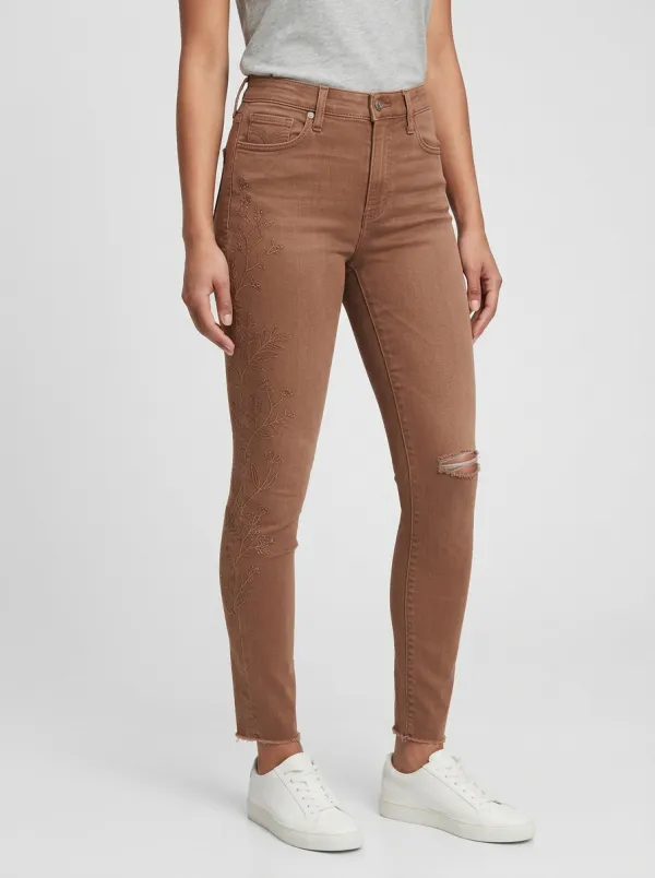 Women's Floral Embroidery Distressed Printed Slim Jeans