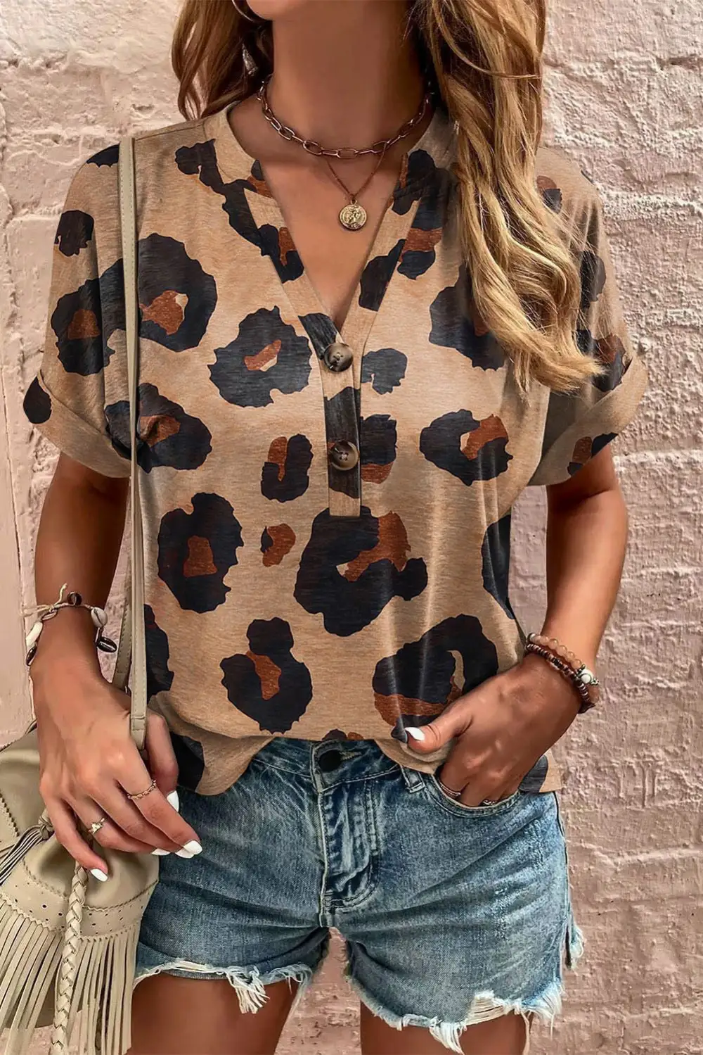 Relaxed Short Sleeve V Neck Button Front Blouse