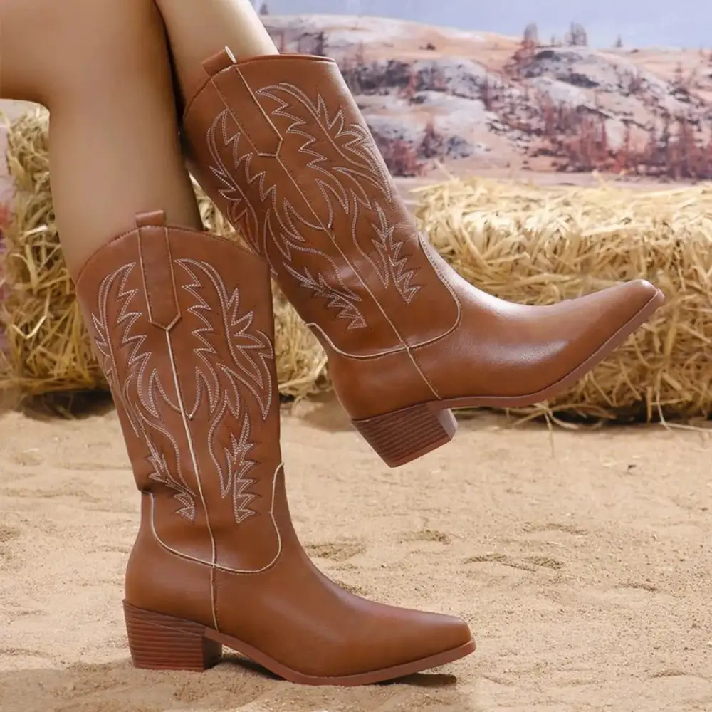 Classic Embroidered Point Toe Block Heels Boots