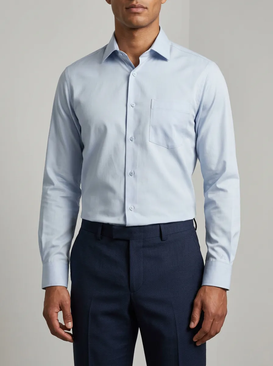 Men's Non-Iron Cotton Light Blue Point Collar Cuff Embroidered Shirt