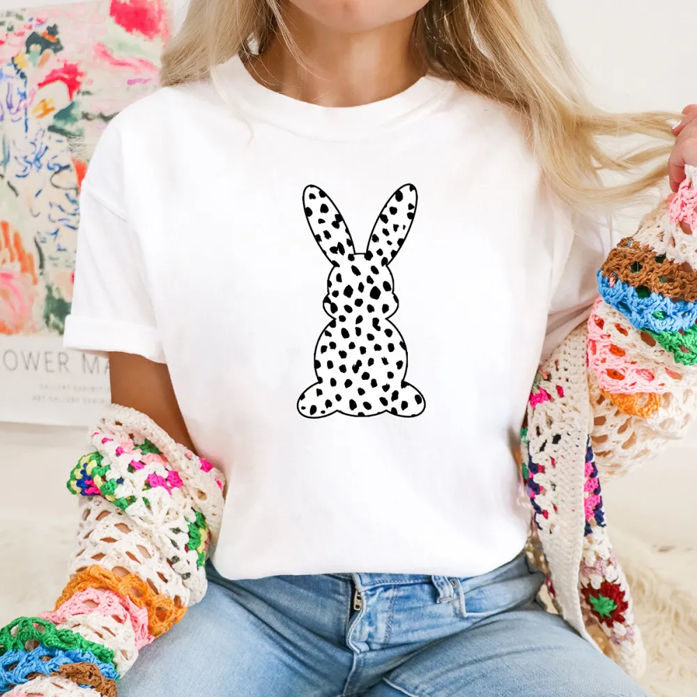  Leopard Bunny Printed Round Neck Short Sleeve T-Shirt