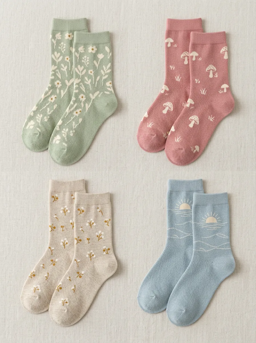 Women's Mushroom Sunrise Jacquard Crew Socks Four Pair Set