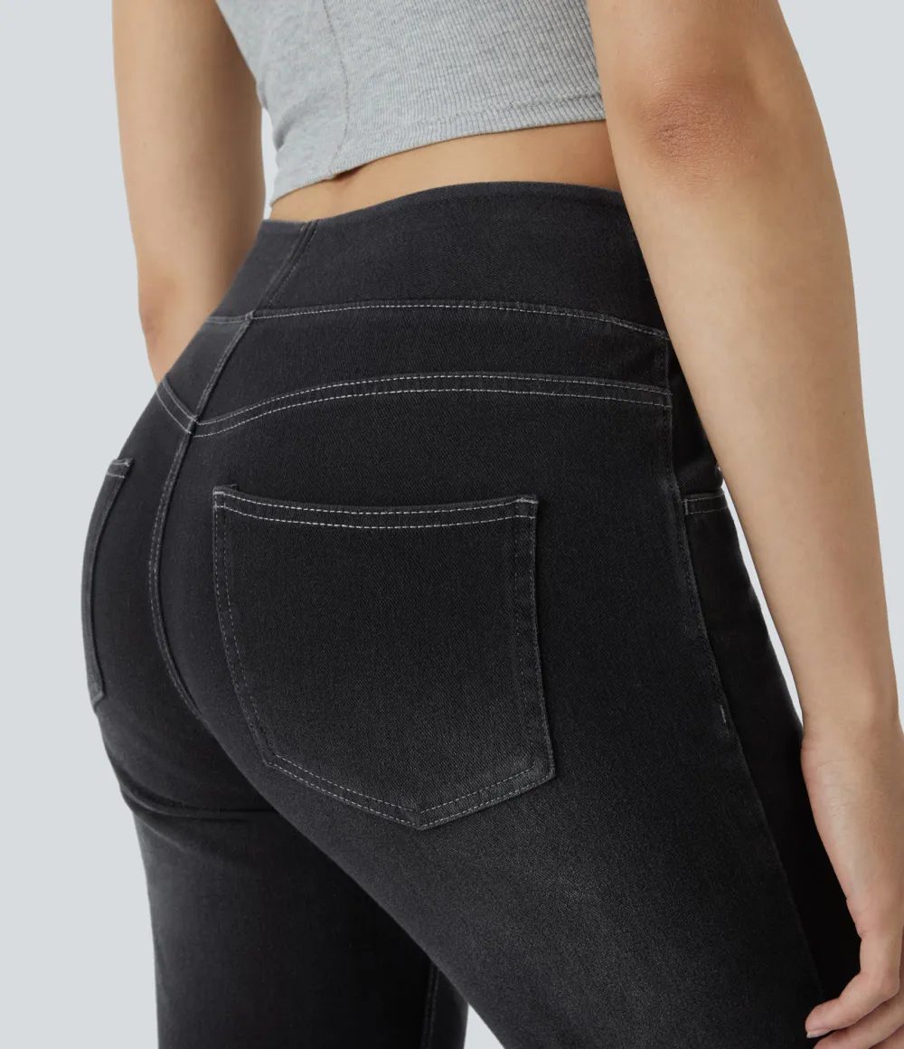 Magic High Waisted Multiple Pockets Washed Stretchy Knit Casual Bootcut Jeans