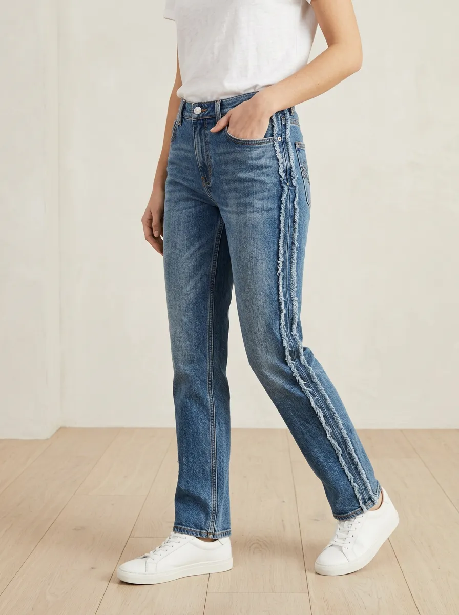Women's Casual Fashion Frayed Side Stripe Denim Jeans