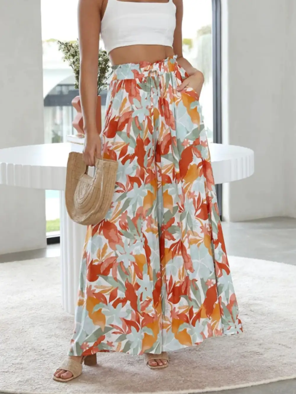 Printed Wide Leg Detail Pants