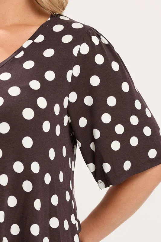 Chocolate Brown Polka Dot Pleated Front Top detail 3