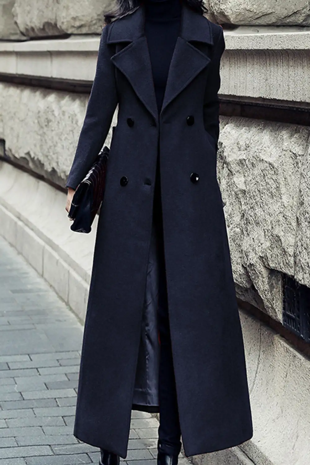 Wool Tailored Double Breasted Belted Lapel Collar Long Coat