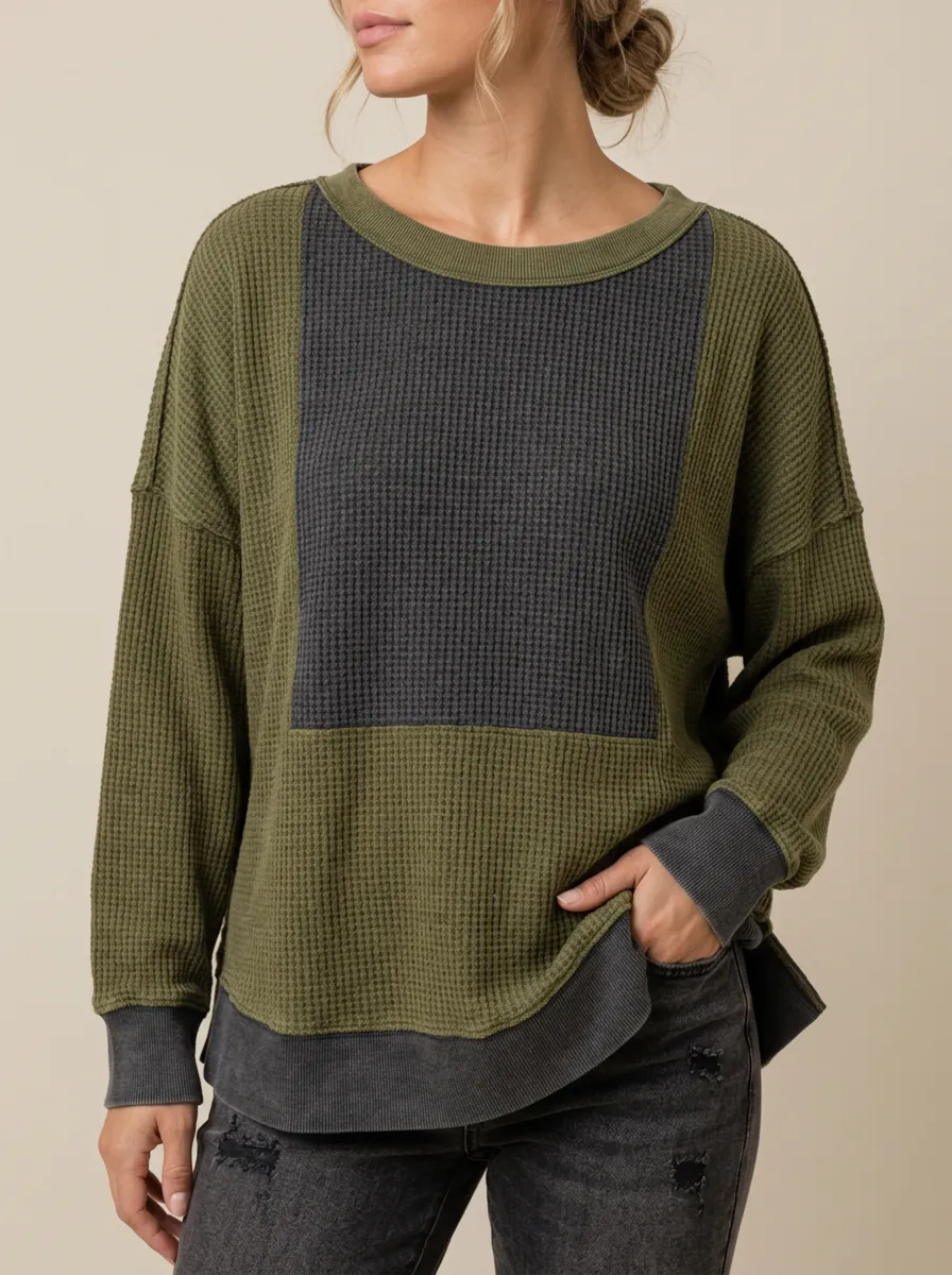 Relaxed Everyday Colorblock Waffle Knit Long Sleeve Top
