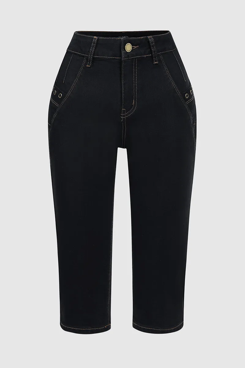 Zipper Mid Waist Capris Denim Bottom