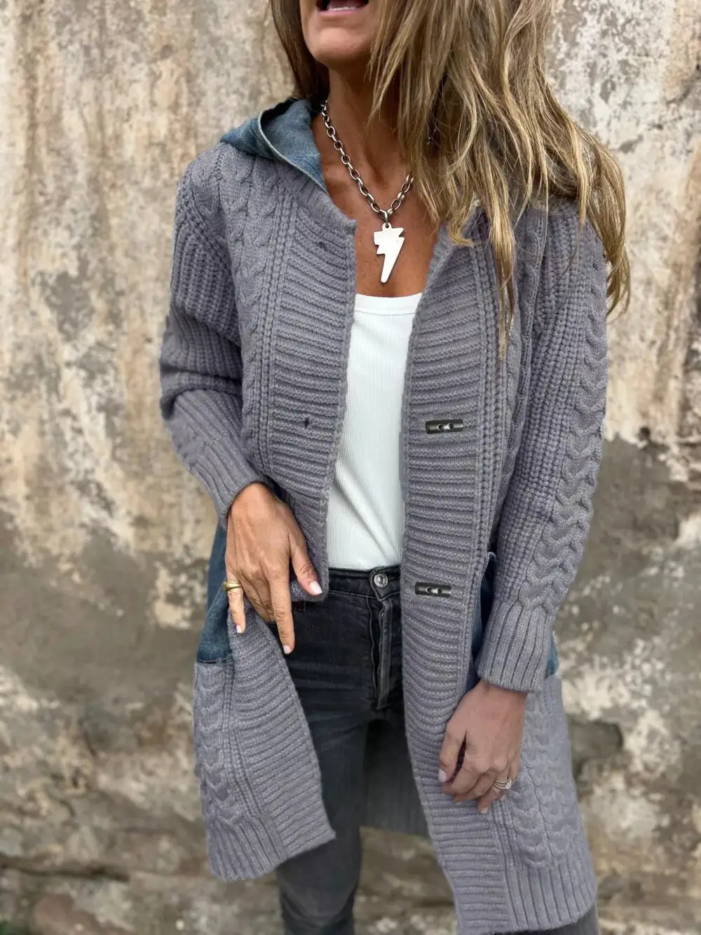 Full Size Hooded Cable Knit Longline Cardigan Plus Size