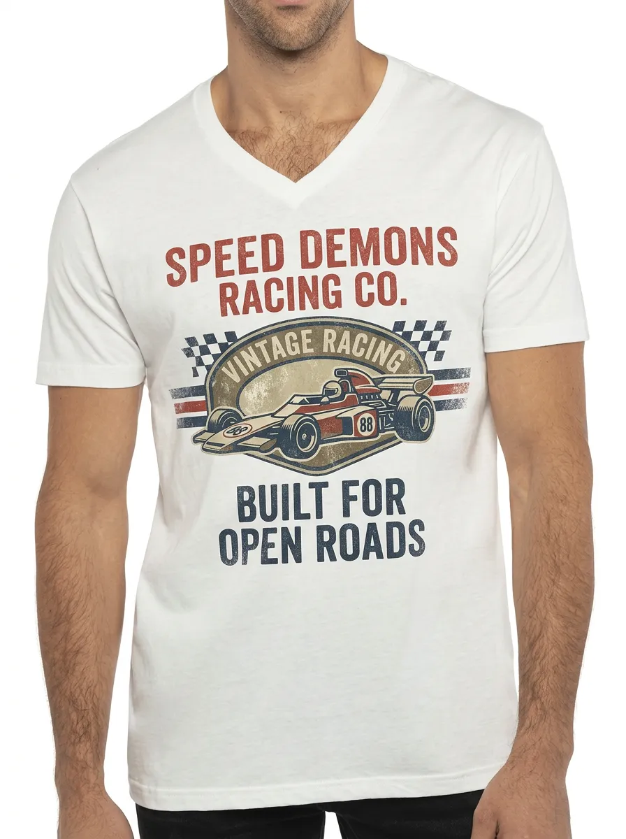 Men's Vintage Racing Car Speed Demons Printed V-neck T-shirt