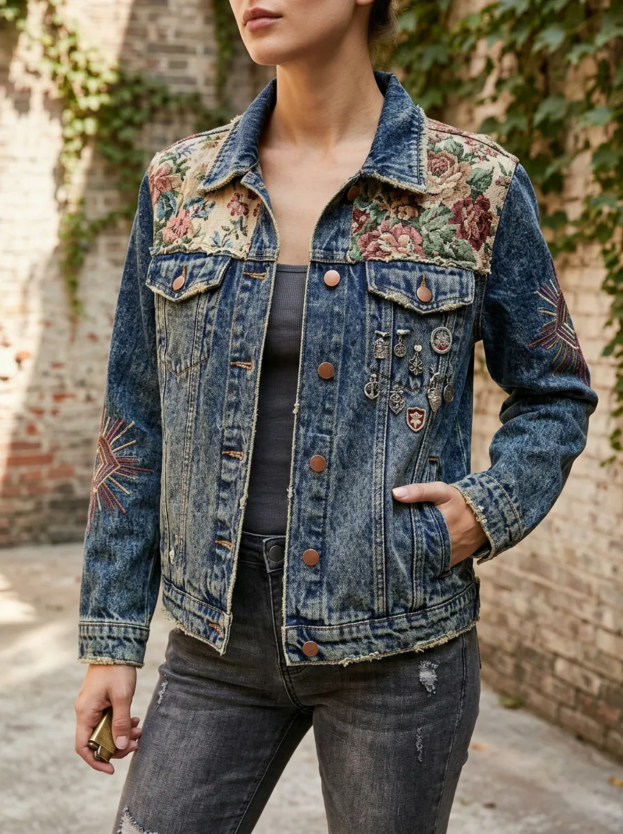 Women's Vintage Floral Patchwork Embroidered Denim Jacket