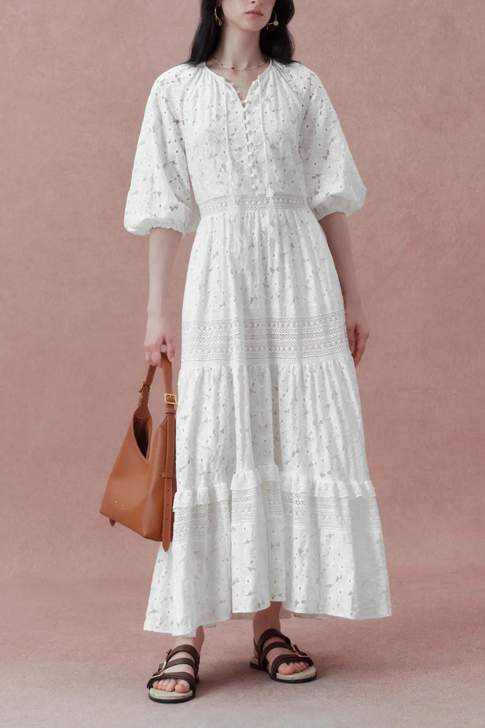 Puff Sleeve Tiered Embroidered Cotton Maxi Dress
