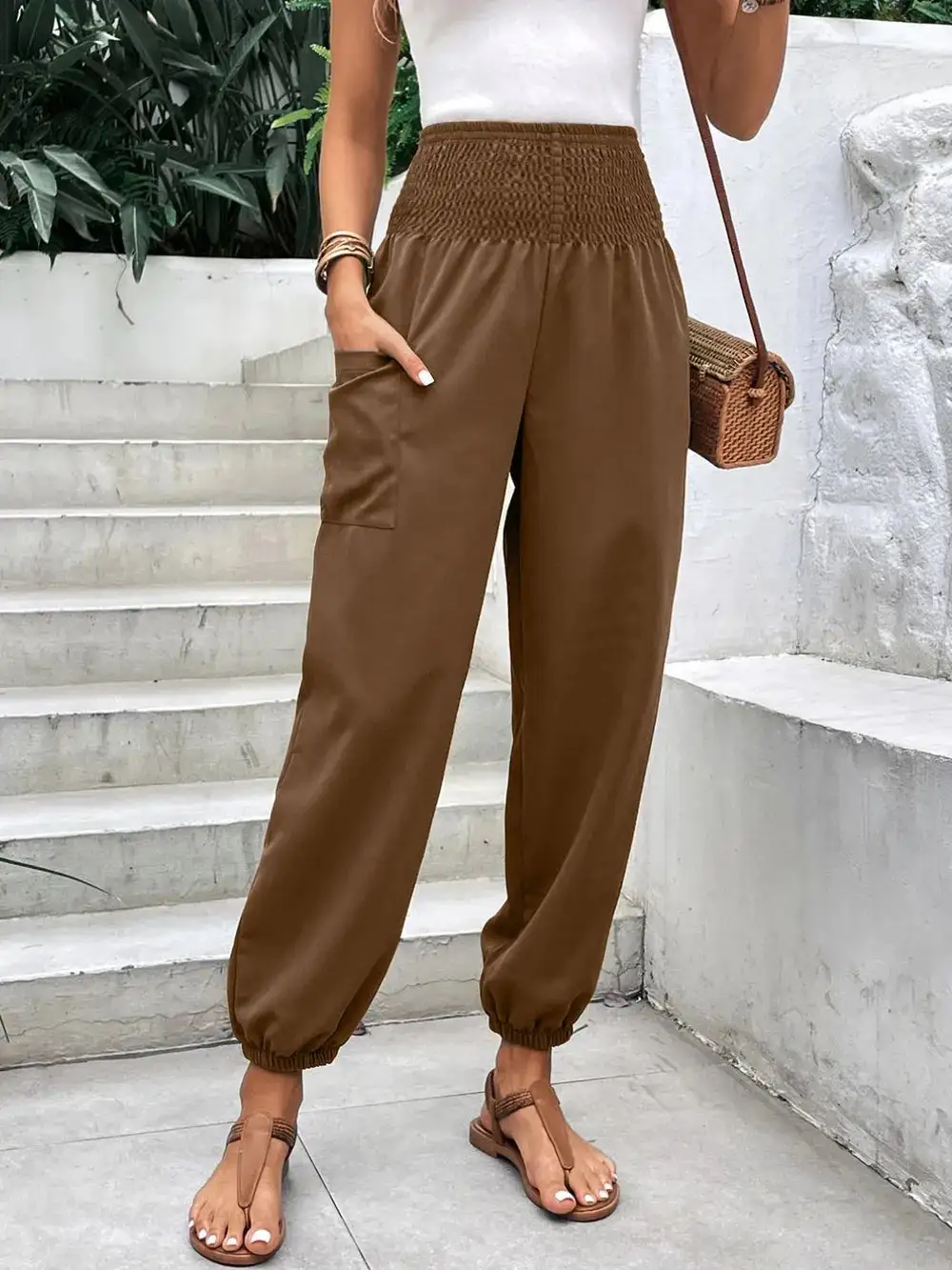 Jogger High Waist Smocked Waist Pocketed Pants