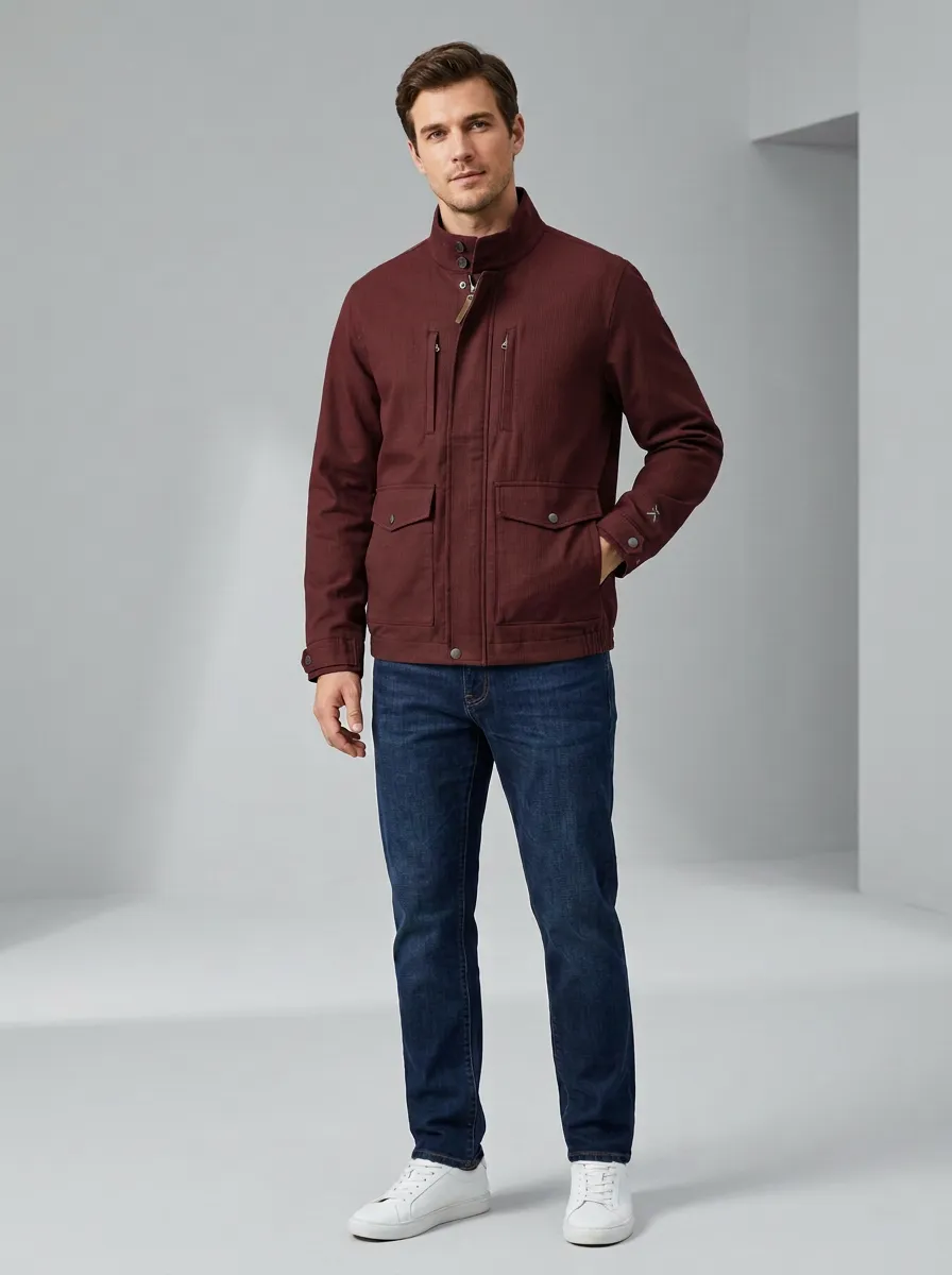 Men's Casual Outdoor Green Multi-Pocket Stand Collar Jacket