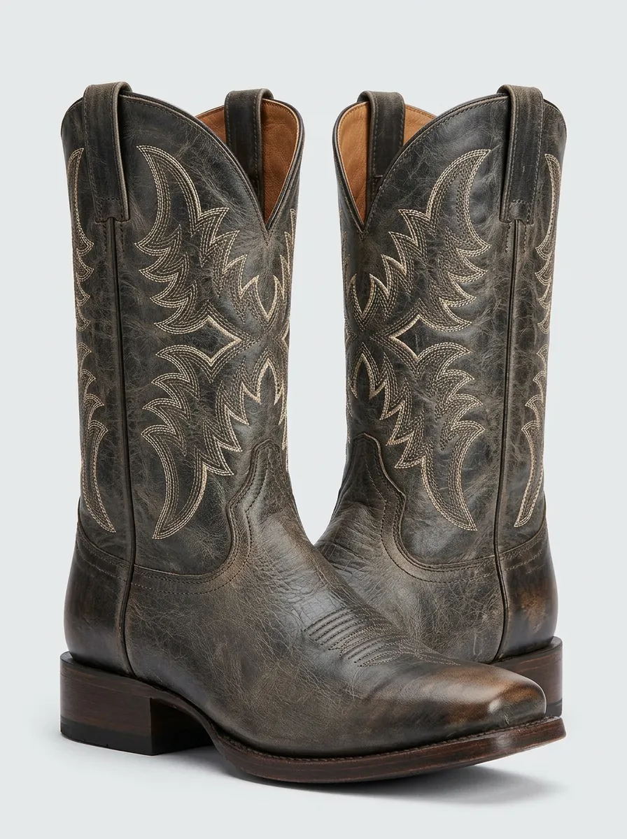 Trail Embroidered Distressed Leather-Look Silhouette Men's Western Cowboy Boots