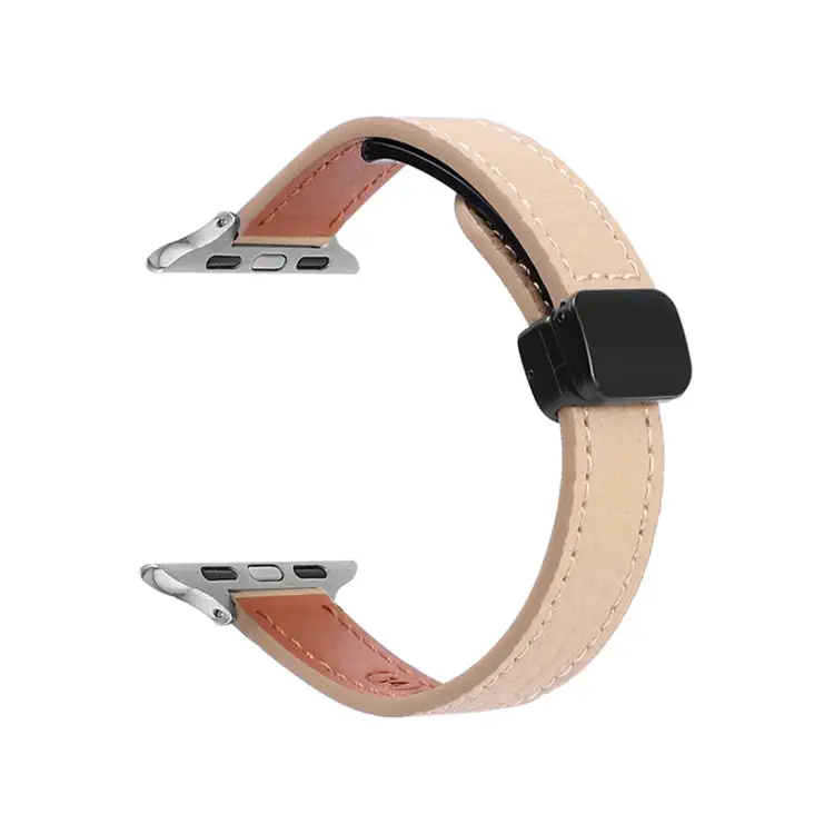 Slim Magnetic Buckle Genuine Leather Watch Band for Watch Series 8 41 mm - Litchi Apricot