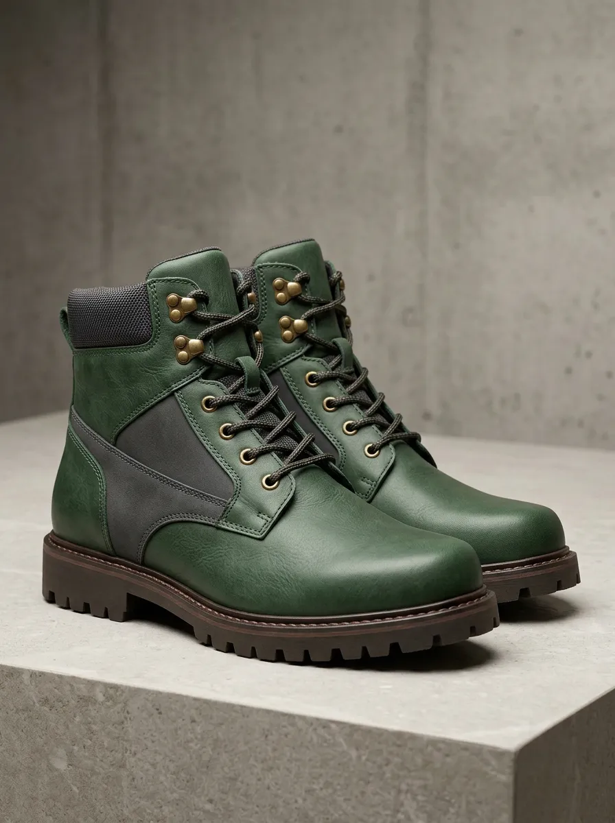 Men's Lace Up Combat Boots with Forest Green Leather Details