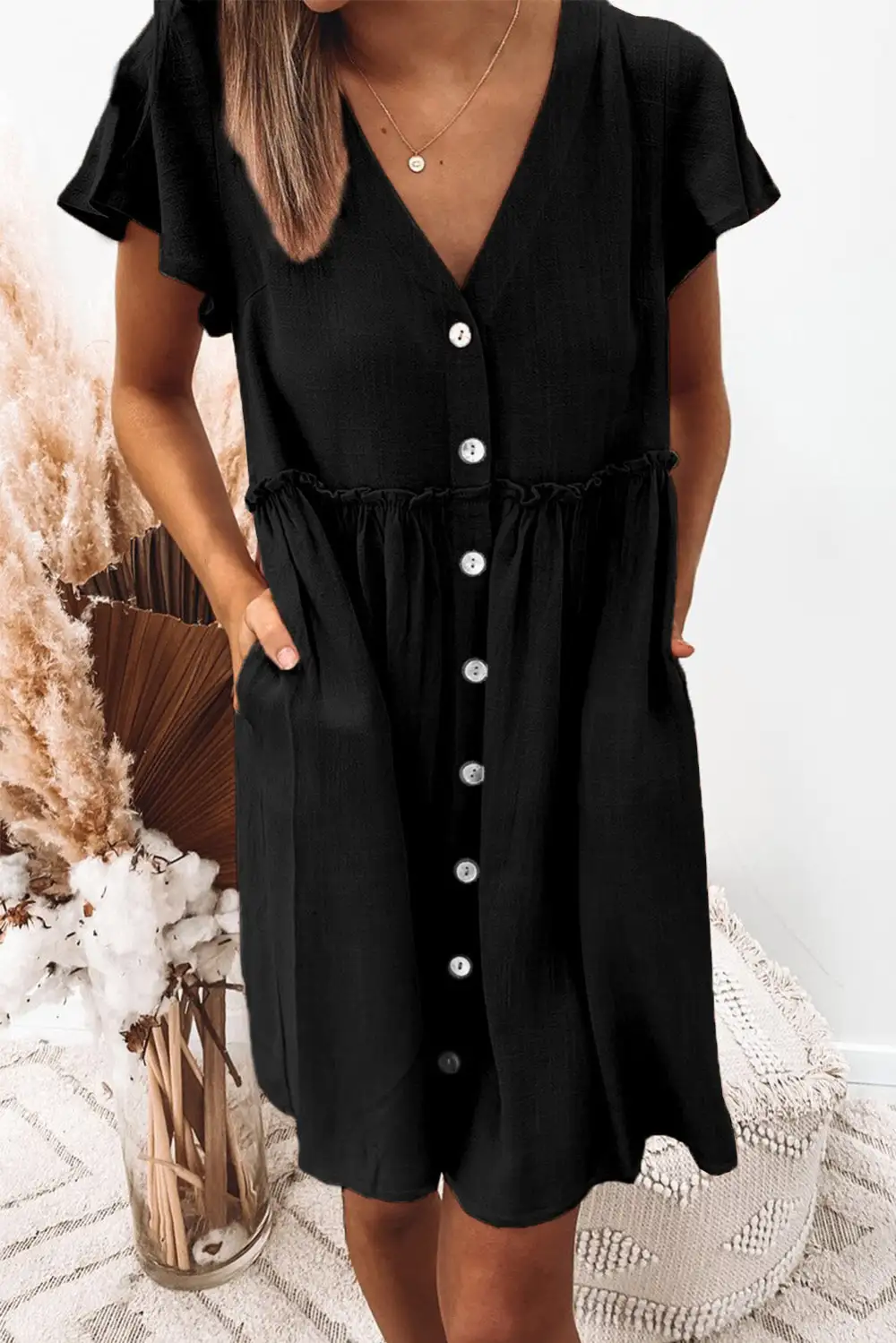 V Neck Buttoned Empire Waist Babydoll Mini Dress
